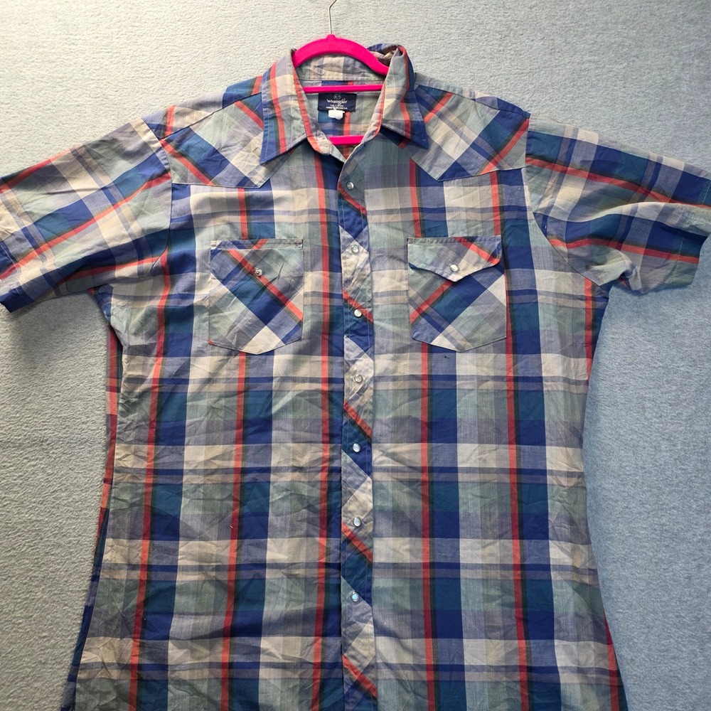 Wrangler Mens XLT‎ Tall Western Pearl Snap Shirt Blue Red Plaid Short Sleeve